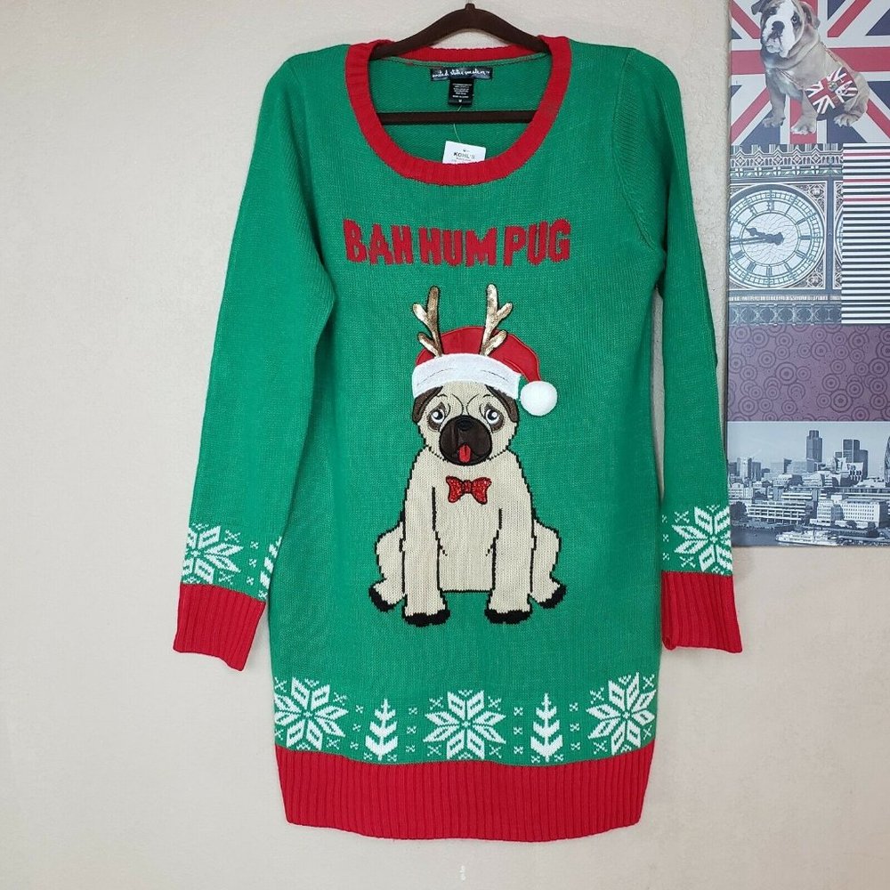 Green Christmas pug knit sweater dress